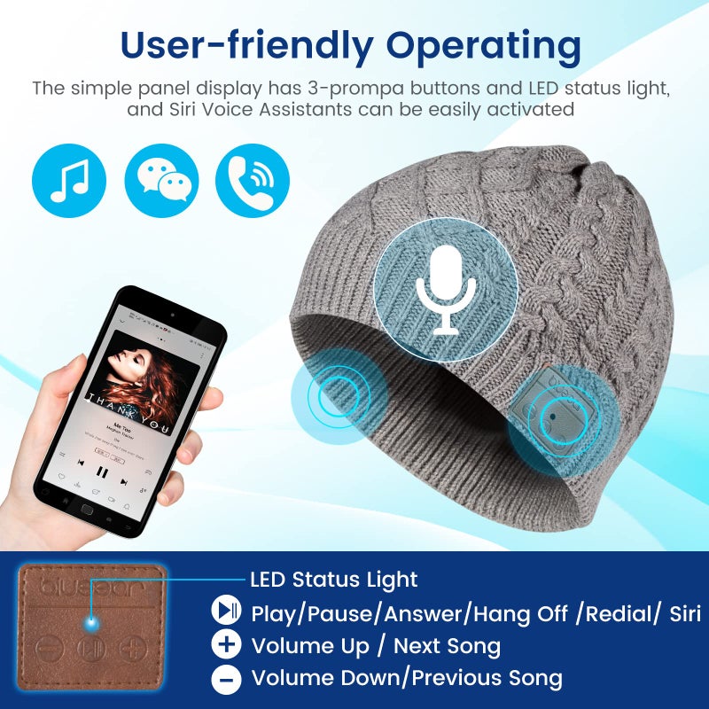blueear Bluetooth Beanie Hat Bluetooh 5.2 Headphone Wireless Winter Knit Hats with Stereo Speaker and MIC 15 Hours Working Time for Outdoor Sports Grey - Image 2